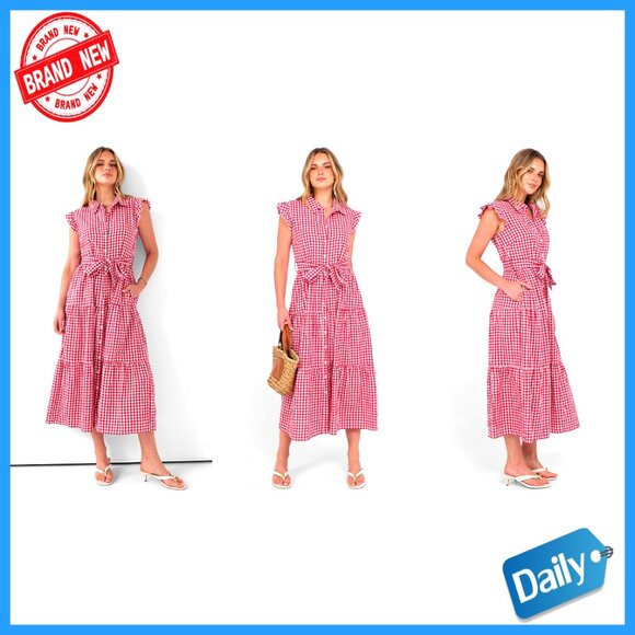 Ruffle Cap Sleeve Maxi Dress Button Down Striped Plaid Tie Waist Casual Chic - Picture 7 of 7